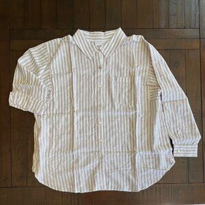 Susan Graver Linen Blend Collared LS w/ Rollup Button, Tan & Cream Stripe, LP